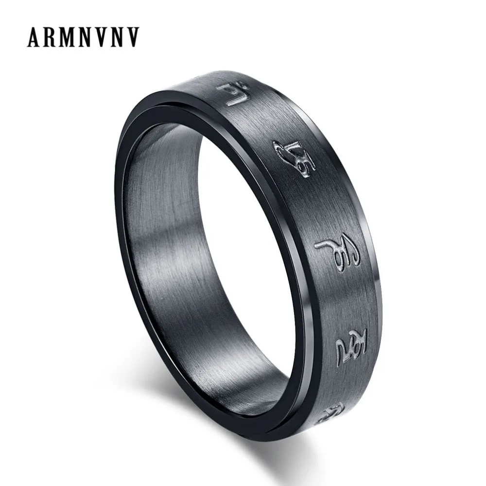 

Rotable Tibetan Buddhism Black Fortune Mantra Men's Ring Matte Titanium Steel Male Ring Mysterious Religious Buddhist Jewelry