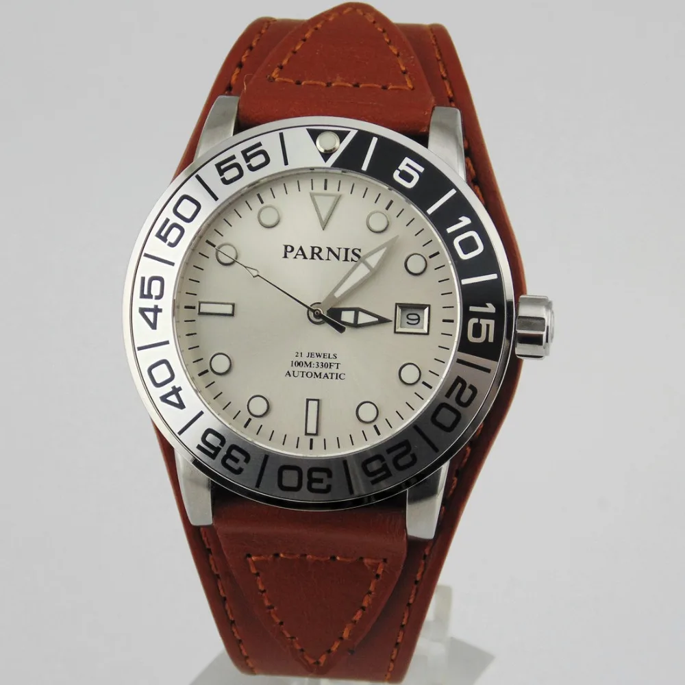 

Parnis 42mm white dial Sapphire glass date automatic mens watch 1809