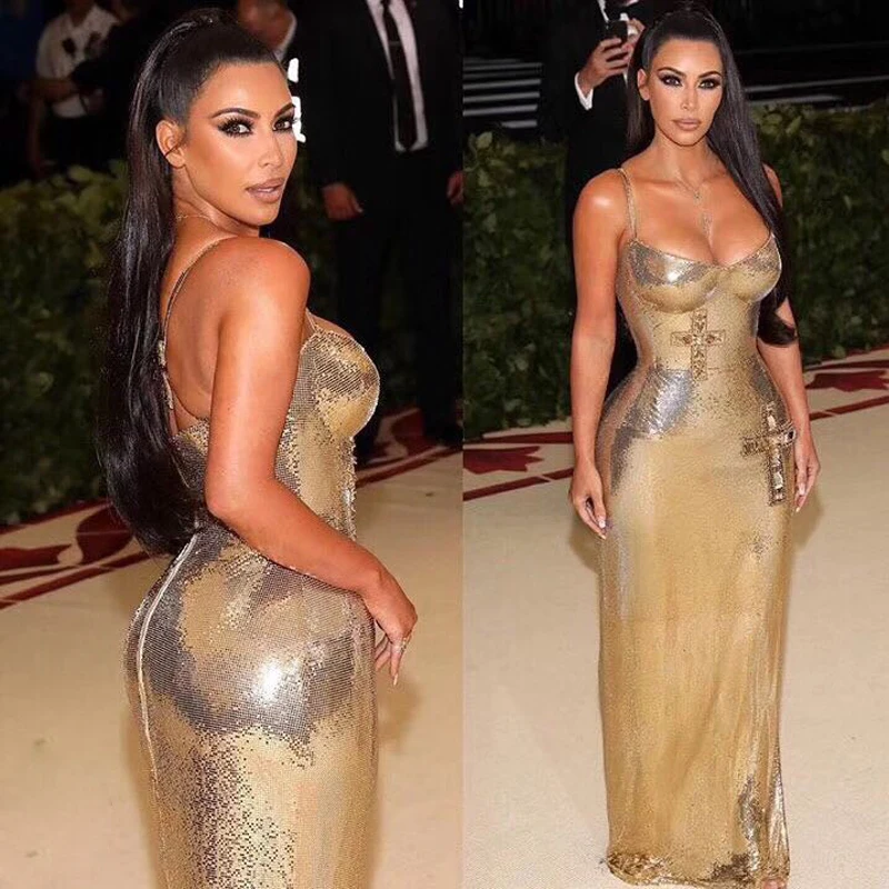 

Women Sexy V Neck Bling Sequins Gold Mesh Bodycon Dress 2018 Designer Fashion Show Ankle-Length Elegant Party Dress Wholesale