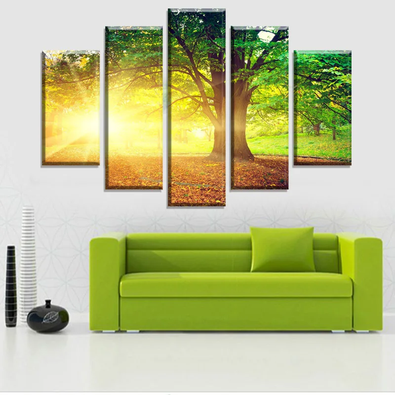 

High Quality Abstract Oil Painting Sun And Green Large HD 5 Pieces Canvas Print Painting for Living Room Wall Art Picture