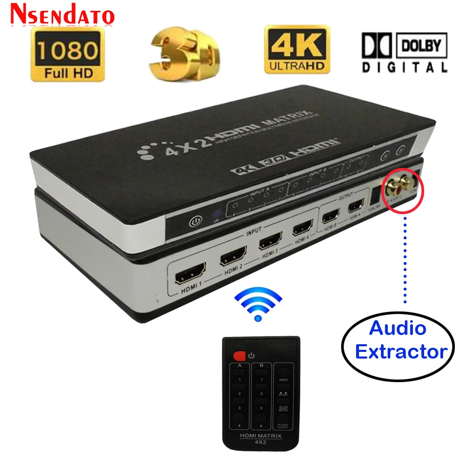 4K HDMI аудио коммутатор 4k 4 в 2 Выход HD 3D 1080P HDMI матрица 4X2 цифровой toslink аудио+ L/R выход с адаптером питания Romote