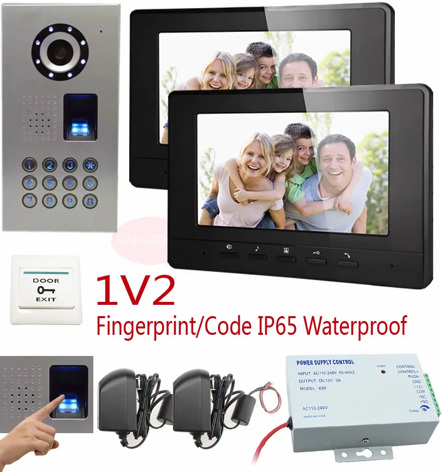 

Video Intercoms Fingerprint/Code Unlock Doorphone Infrared Night Vision CCD Camera Intercom Video 7" Color Lcd For 2 Apartments