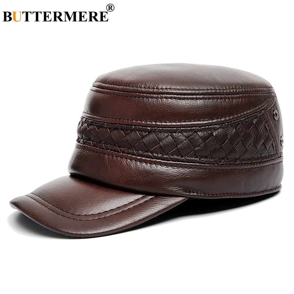 

BUTTERMERE Military Caps Men Coffee Winter Flat Cap Army Male Earflaps Warm Adjustable Genuine Cowskin Leather Navy Captain Hats