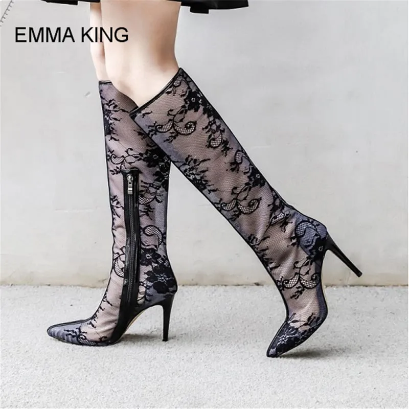 

EMMA KING Lace Mesh Knee High Boots Women Thin High Heels Side Zipper Fashion Mujer Botas Elegant Autumn Shoes For Party