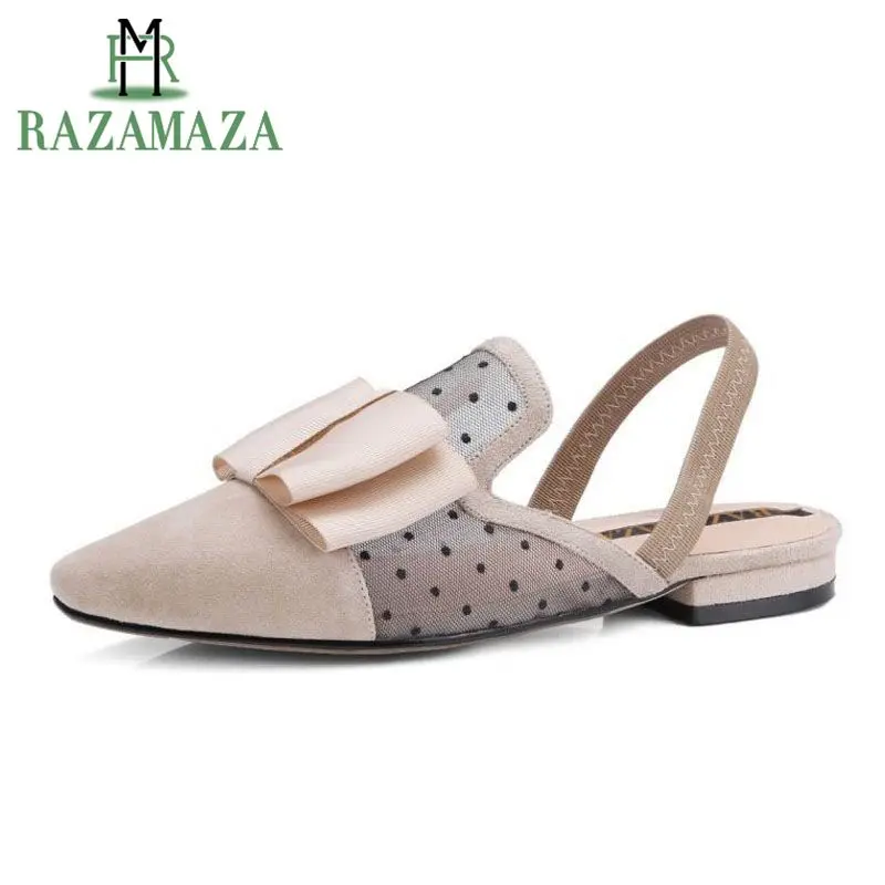 

ZALAVOR Women Sandals Real Leather Slip On Square Heel Bow-not Hollow Out Sweet Ornate Sandals Dress Footwear Size 33-42