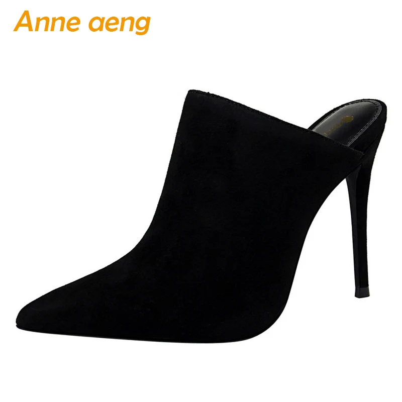 

2019 New Summer Outside Women Slippers High Thin Heel Pointed Toe Solid Fashion Sexy Ladies Women Shoes Black Mules Slides