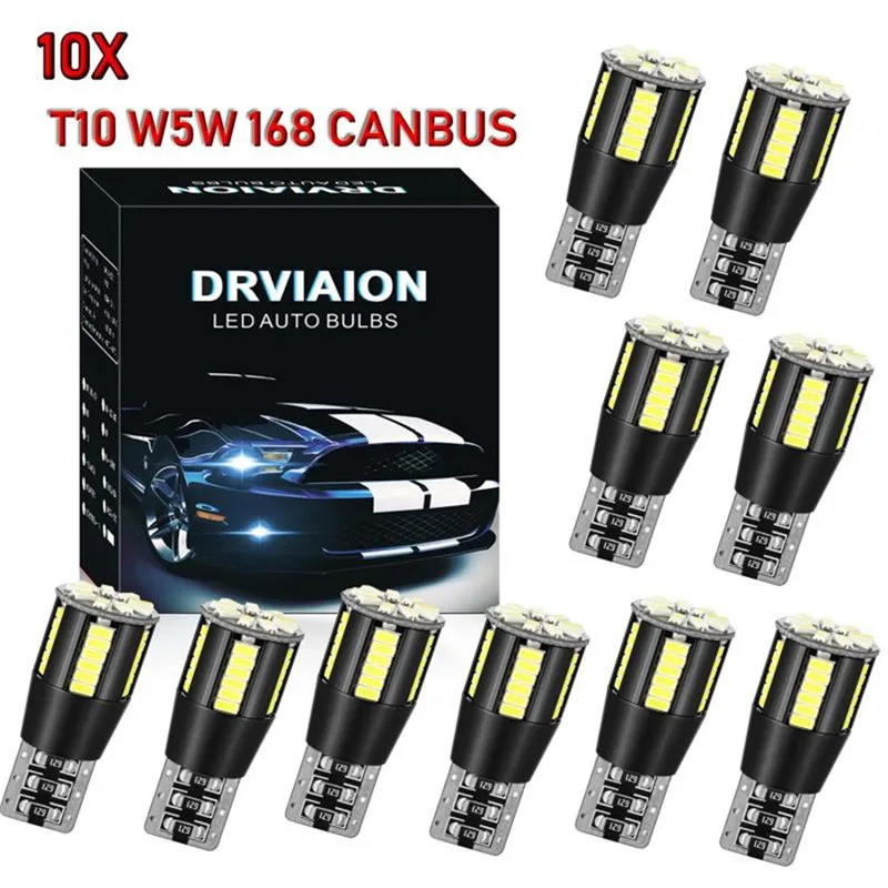 

kongyide Car Light 10PCS T10 Car Bulbs LED Error Free Can Bus Xenon White W5W 501 Side Light Bulb 12V-24V Interior Light je21