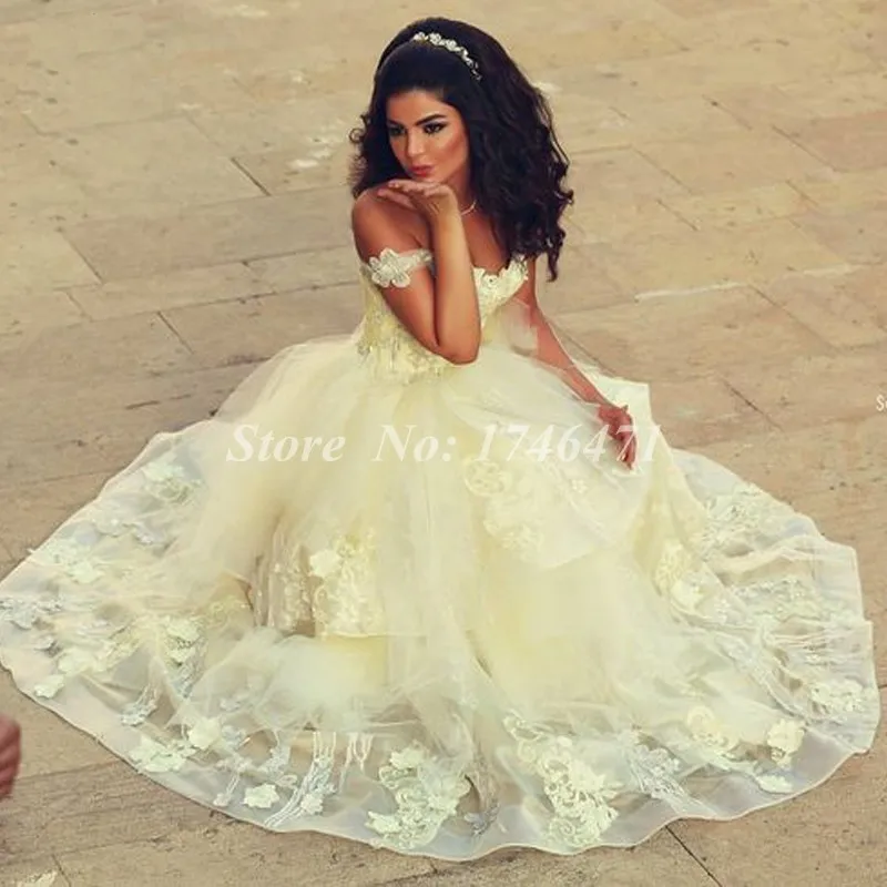 Vestidos De Novia Gorgeous Off Shoulder Liques Yellow Wedding Vestidos De Novia Gorgeous Off Shoulder Liques Yellow Wedding Dress Tiered Skirt Arabic Gown Bride 2017 In Dresses From Weddings