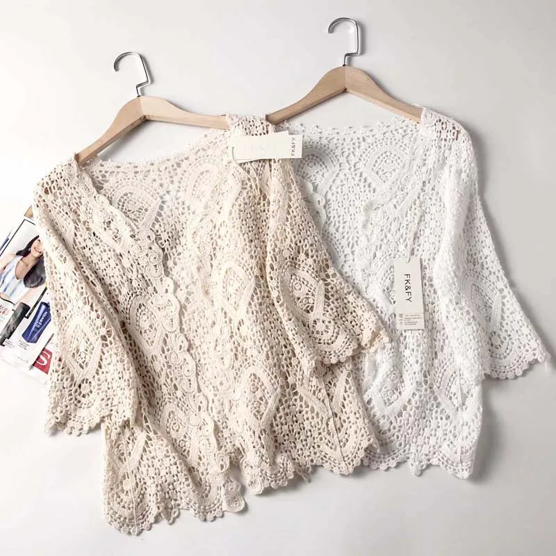 

Summer Design V Neck Open Stitch Geometic Hollow Out Crochet Shirts Sweet Knitted Lace Blouse Sunscreen Tops LS719