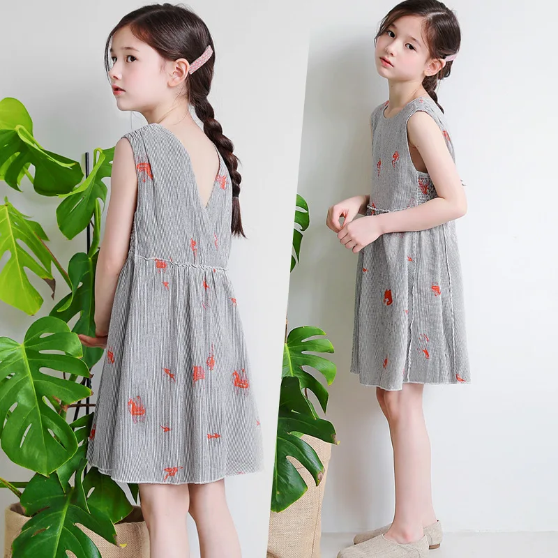 New Summer Style Brief Sweet Girl Cotton Dress Fashion Large V Sleeveless Parent-Child Teenage Girls Clothing | Детская одежда и