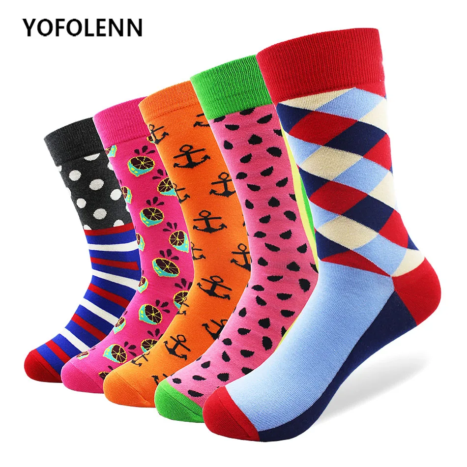

5 pair/lot Combed Cotton Men Socks Dot Stripe Watermelon Diamond Anchor Pattern High Quality Happy Funny Colored Wedding Socks