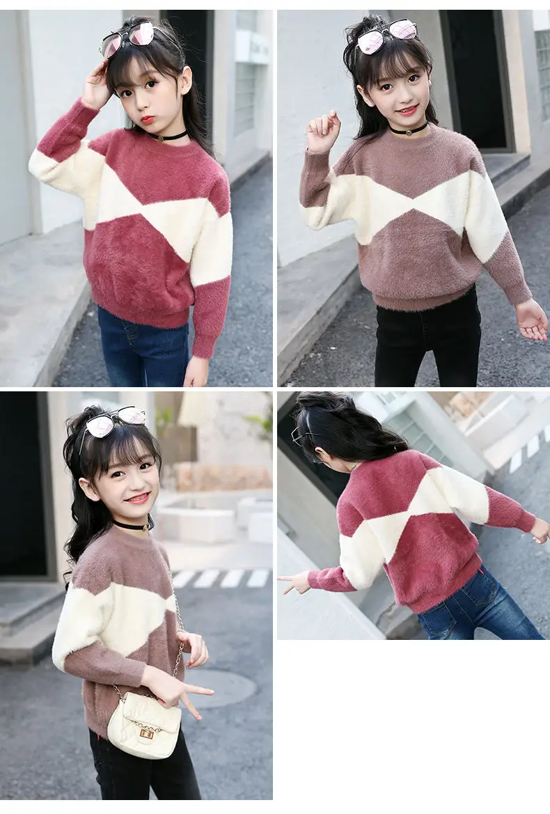 Teen Girl Sweater New Fashion Knit Thick O-neck Coat Contrasting Color Pullover Sweaters Cotton Knitwear Clothes 6 8 10 13Y