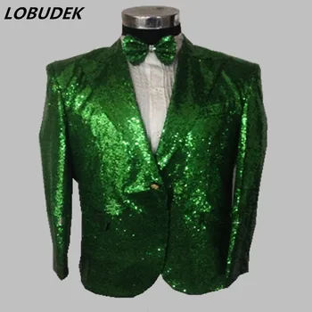 

Formal Green Sequins Men Blazers slim singer dancer host Master stage Coat Bar show party nightclub Chorus performance outerwear