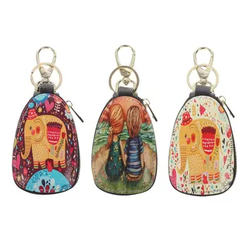 

High Quality Men Women Leather Car Key Holder Cartoon Printing Keychain Wallet Case Pouch Purse Key Bag