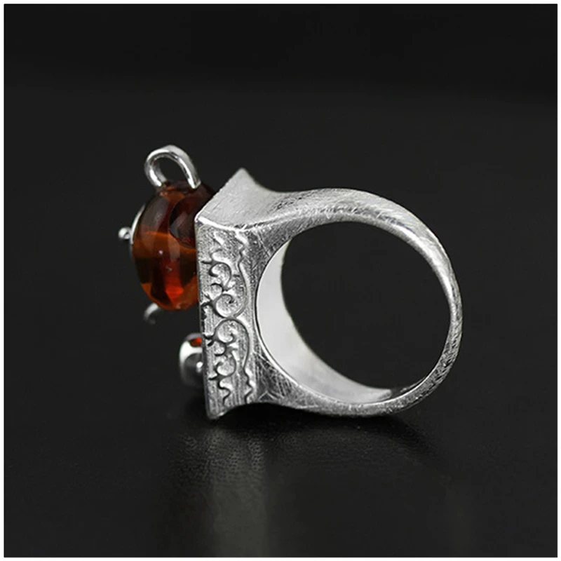 Lotus Fun Real 925 Sterling Silver Vintage Ring Natural Amber Original Handmade Fine Jewelry Cute Teapot Rings for Women Gift