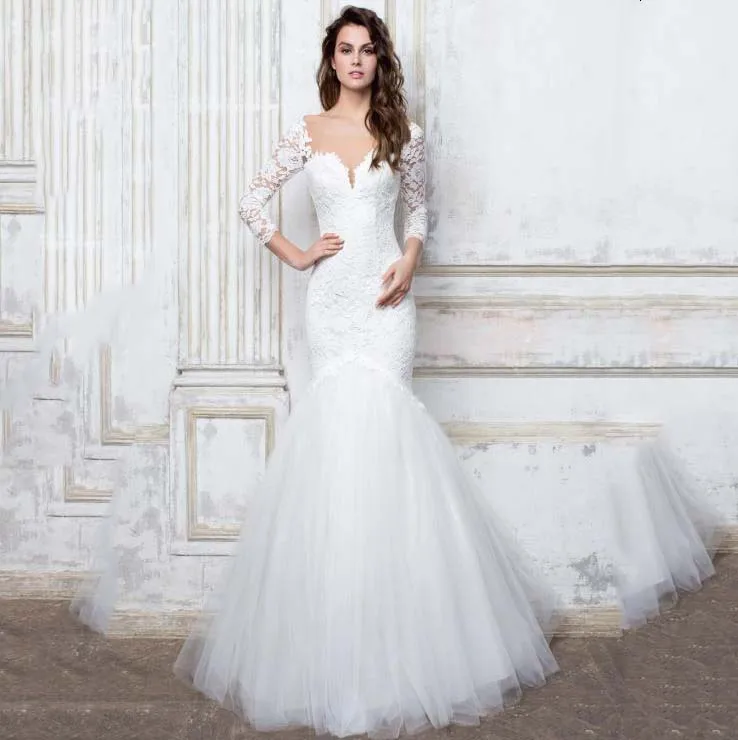 

2019 Elegant Lace Mermaid Wedding Dress Three Quarter Lace Up Back Bridal Dresses For Ceremony robe de vestido de novia