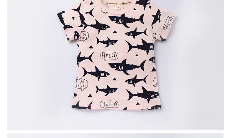 Милый Маленький акула узор Дети футболки для девочек детские футболки для мальчиков детка верхние тройники С О-образным вырезом детские блузки с коротким рукавом весна лето ребенок Хлопок одежда L8010