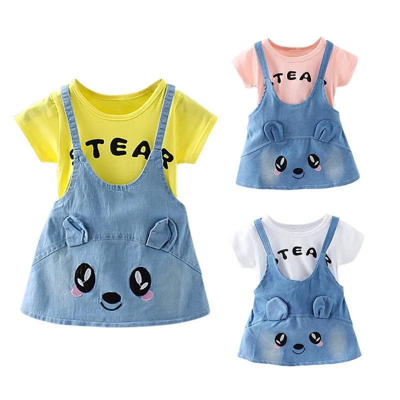 

2018 New Summer Baby Dresses Children Short Sleeve Cowboy Cartoon Big Eyes Print Strap Dress Fake Two Kids Clothes