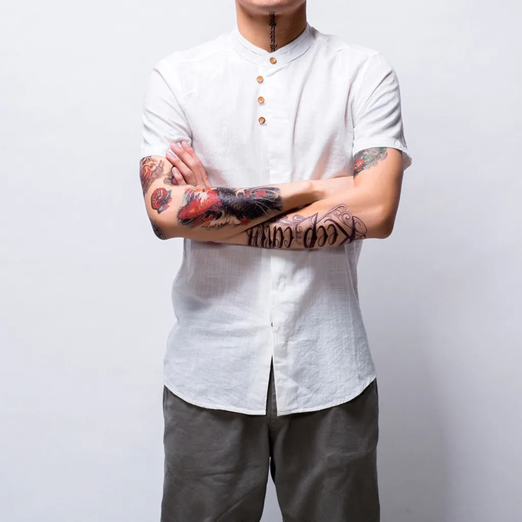 

feitong Men Causal Shirt chemise Summer slim fit Short Sleeve Top Button Linen Solid Color Loose Blouse hawaiian shirt camiseta