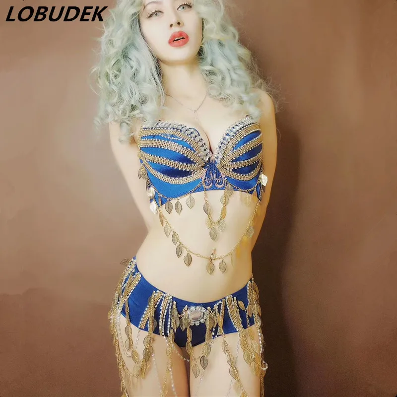 (Bra+Shorts) Gold Leaves Rhinestones Bikini Sexy Nightclub Clothing Bar Women DJ Singer Pole Dancin