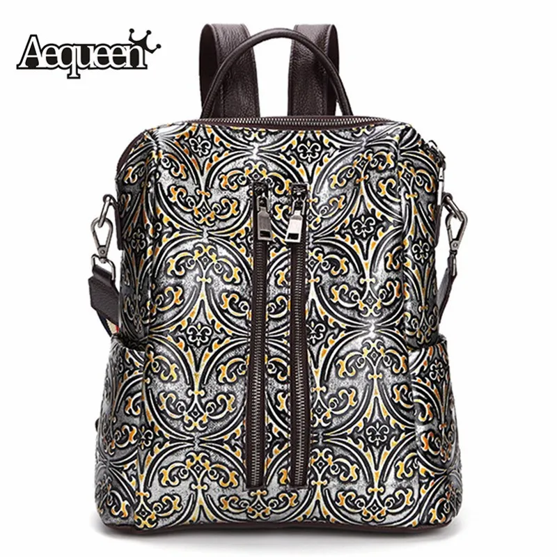 

AEQUEEN Women Backpack Genuine Leather Rucksack Floral Embossing Schoolbag For Student Luxury Daypack High Quality Mochilas 2018