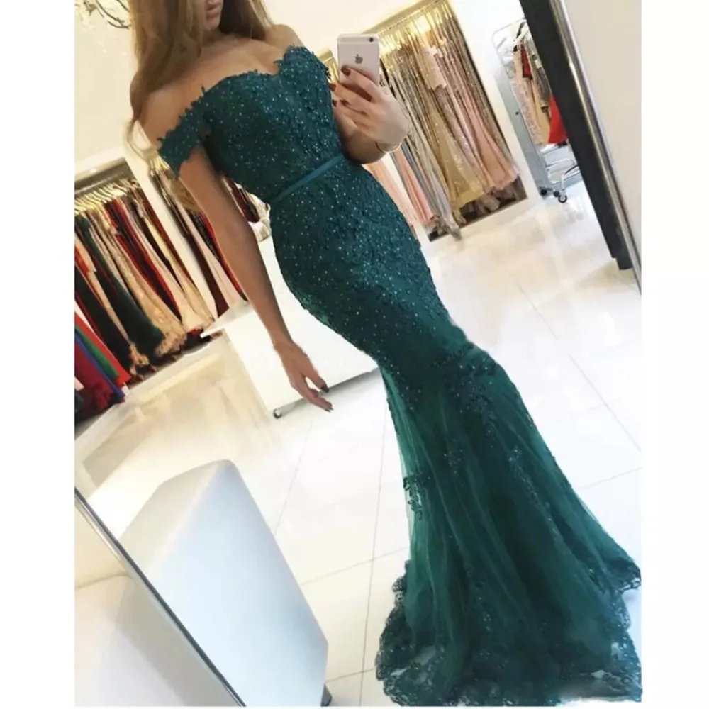 Hot Sale Charming Dark Green Prom Dresses Lace Appliques Off The Shoulder Mermaid Evening Dress Long Party Gowns139