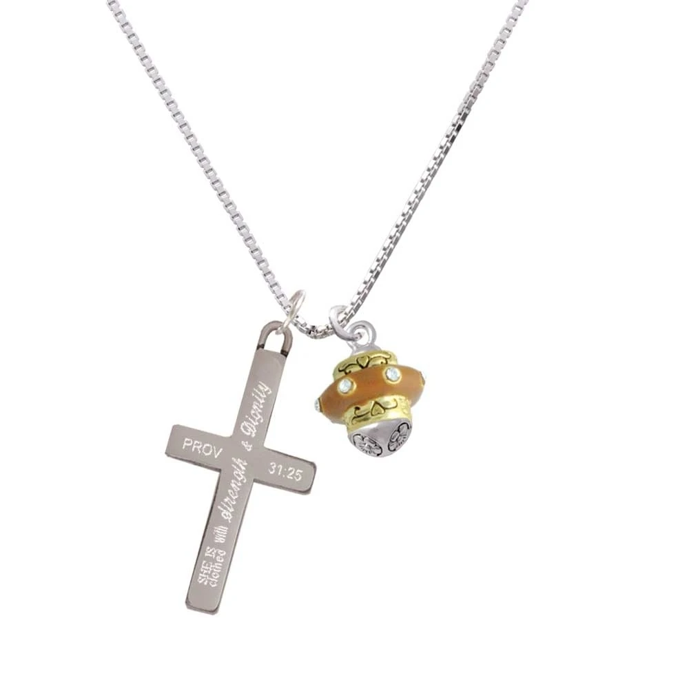 Tan Center with Clear Crystals Gold Tone Spinner - Strength and Dignity - Cross Necklace