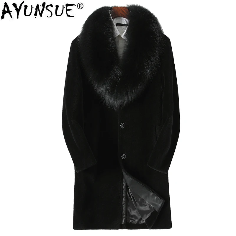 

AYUNSUE Real Fur Coat Men Winter Jacket 100% Wool Coat Real Fox Fur Collar Genuine Leather Parka Hombre KFS18M208 KJ810