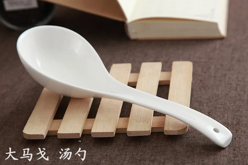 Plain white bone china serving spoon, long handled, jam spoon ladle for