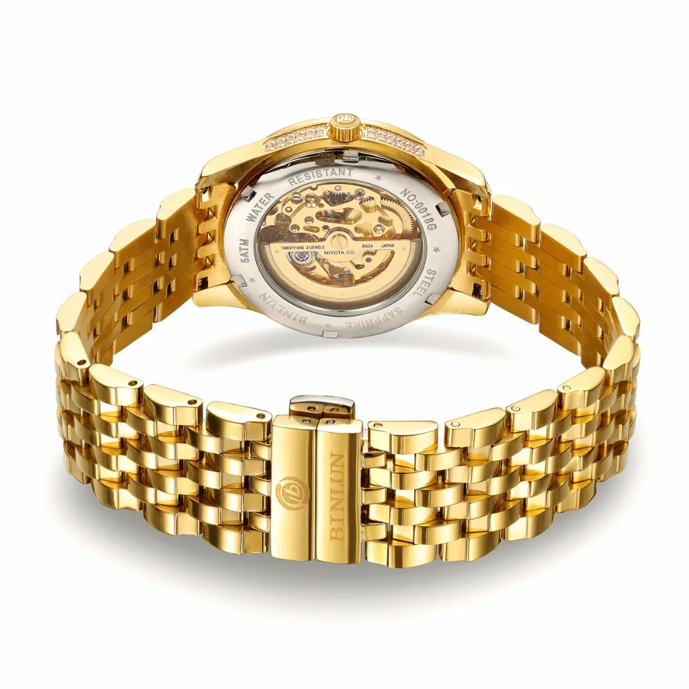 BINLUN 18K Gold Luxury Automatic Watch Skeleton Movement Watch Men's Sapphire Crystal Diamond Automatic Business Men's Watches