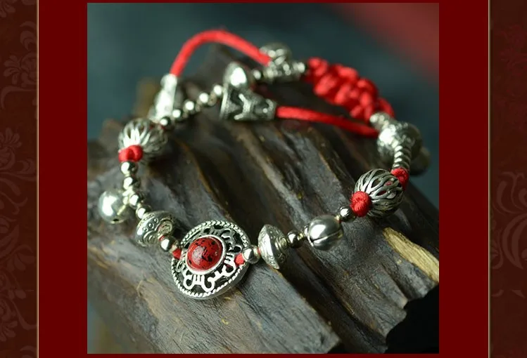 Женские Этнические браслеты на ногу цепи, новая красная веревка ручной работы плетеная ножная цепочка, модные тибетские серебряные винтажные браслеты с камнями