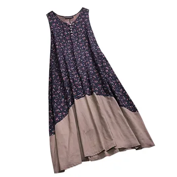 

Women New Mid-Calf Dresses Patchwork Floral Print Plus Size Dress Sleeveless Buttons Bohemian Robe Femme Vestidos