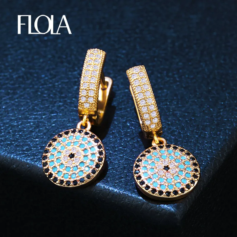 

FLOLA 585 Gold Eye Drop Earrings for Woman Natural Zircon Stone Dangle Earrings 2018 Wedding Party Jewelry oorbellen ersm96