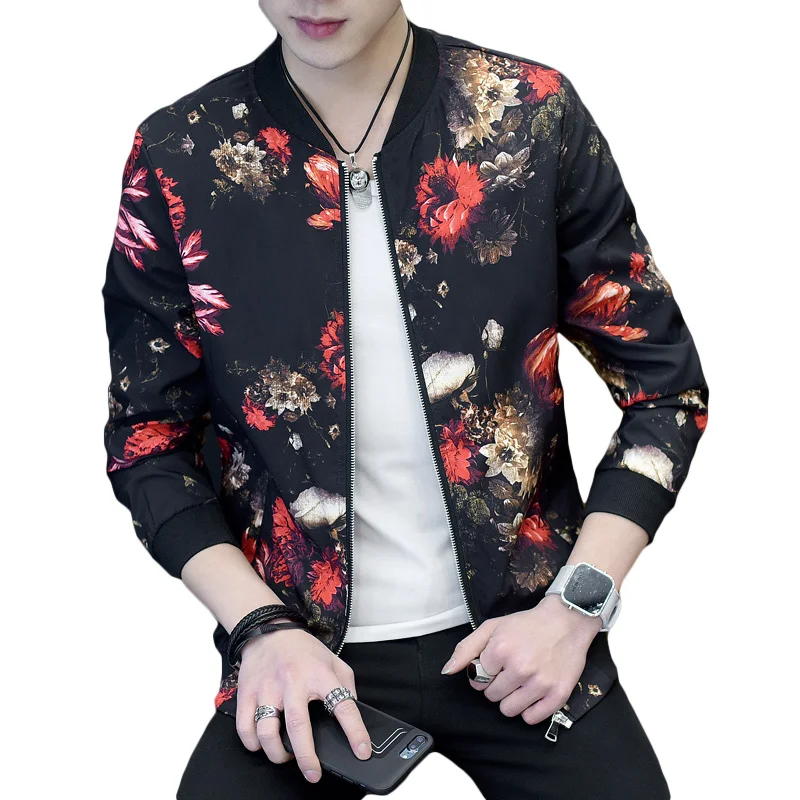 Куртка мужская мода Slim Fit Мужская s цветочные куртки с длинным рукавом Повседневная куртка-бомбер брендовая одежда плюс размер ветровка пальто