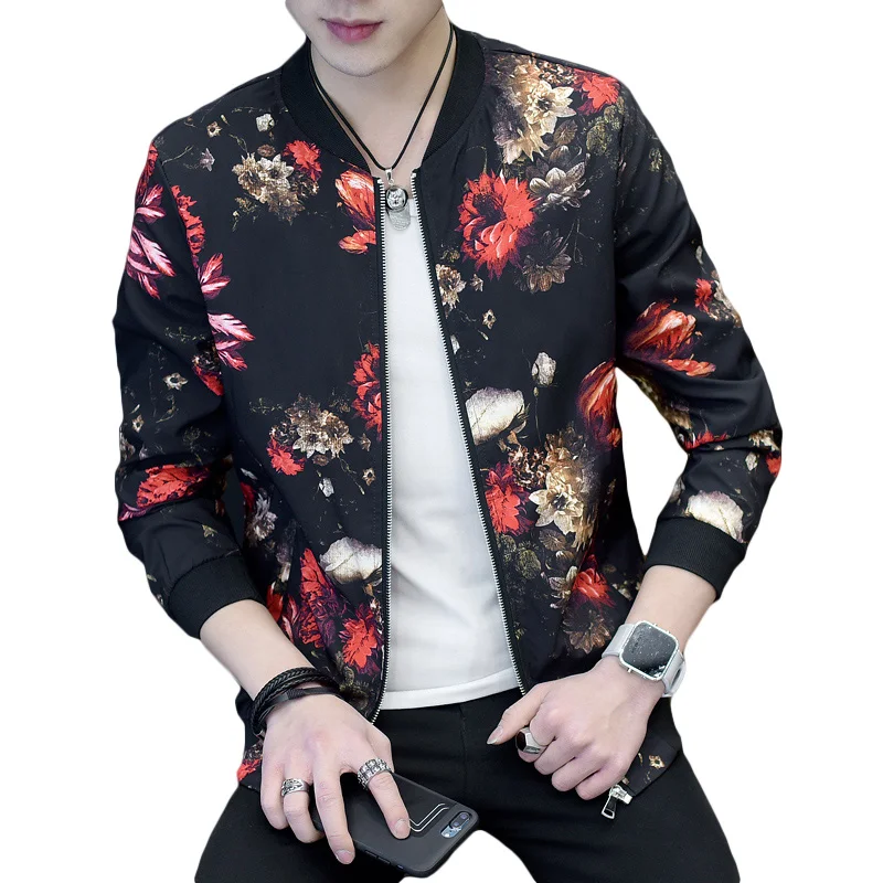 Мужская приталенная куртка с цветочным принтом длинным рукавом|mens floral jacket|brand