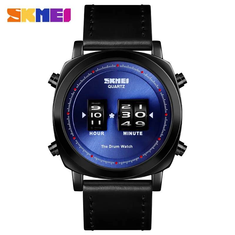 SKMEI простые кварцевые часы Модный повседневный дизайн мужские часы запатентованный продукт 3 бар водонепроницаемый кожаный ремешок montre homme 1519 часы - Цвет: Black-Blue