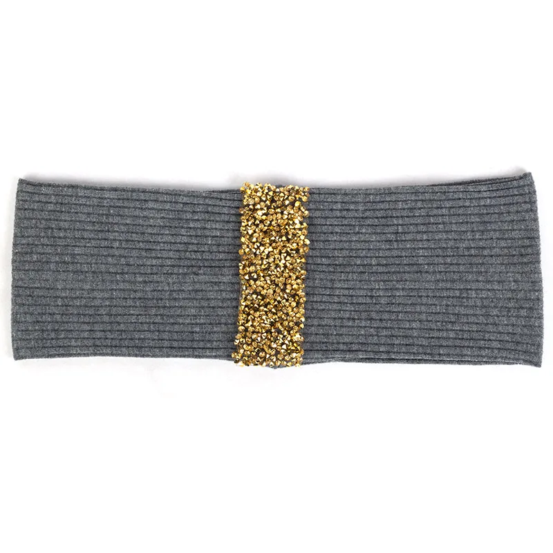 Casual Woman Rhinestones Ribbon Headbands Thin Cotton Ribbed Headwear Party Gifts For Ladies Young Girls Hair band Accessories - Цвет: Gold Dark gray