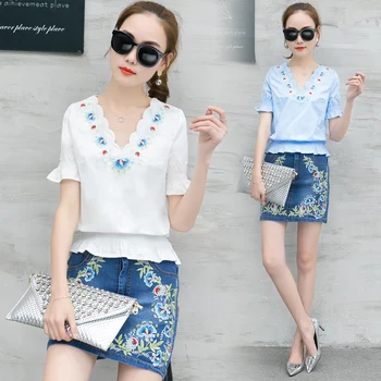 

Women V Neck Blouse Denim Skirt Outfit New Korea Fashion Embroidery Decor Two-Piece Woman Cowboy Short Skirts Suit Size S-2XL