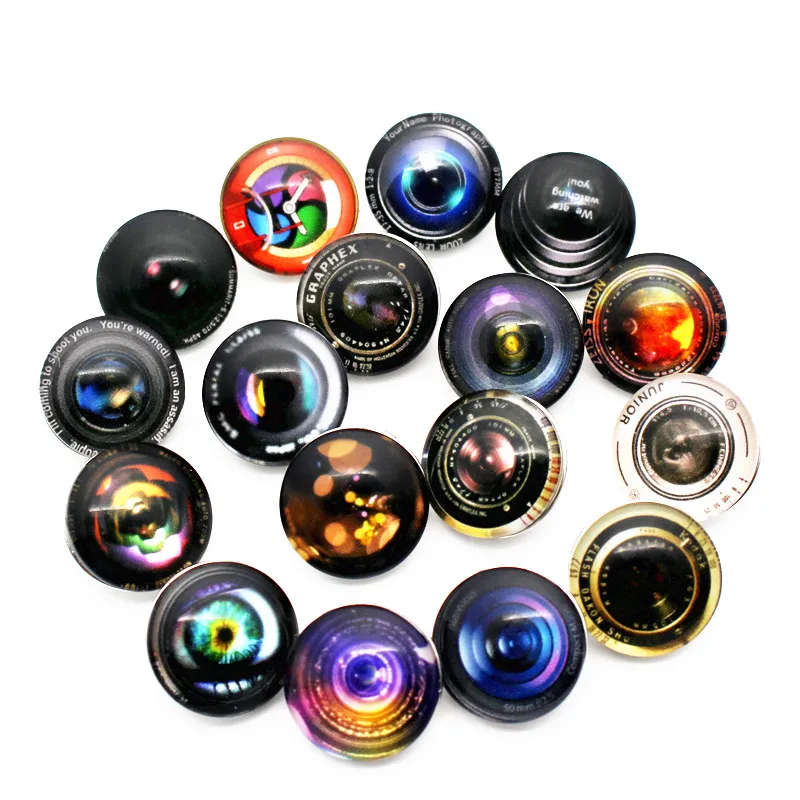 

Newest 20pcs/lot New Love Snap Jewelry Camera Lens 18mm Glass Snap Buttons Cabochon Fit Snap Button Bracelet Charms Jewelry
