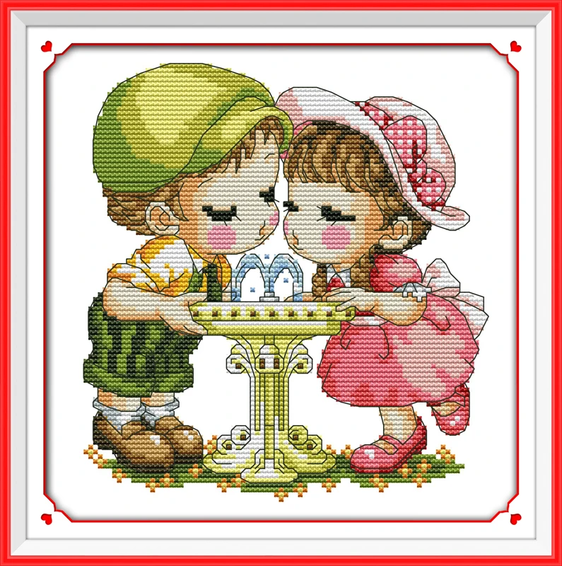 Joy sunday cartoon style A cute couple christmas cross stitch free patterns  kits for children easy needlepoint - AliExpress