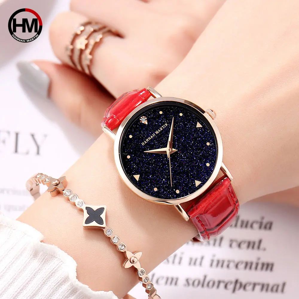 Топ люксовый бренд японские оригинальные импортные кварцевые часы с механизмом женские водонепроницаемые часы с кожаным циферблатом со звездами женские часы - Цвет: xkzjw-hong