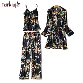 

Fdfklak High Quality Pajamas 3 Pieces Spring Summer Faux Silk Print Pyjamas Women Pijama Sexy Sleeping Pajamas Sleepwear Q914