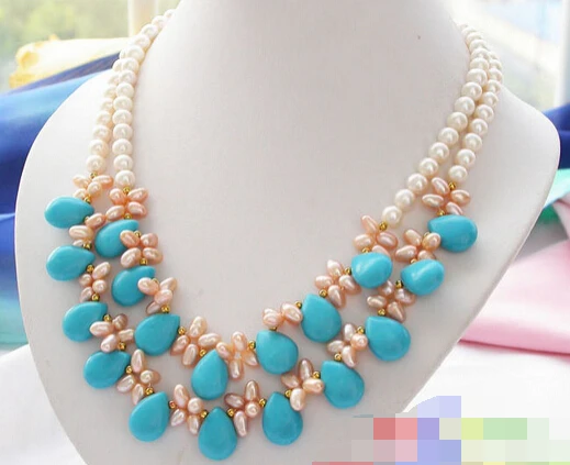 

ddh002869 2row white pink round cultured PEARL turquoise NECKLACE
