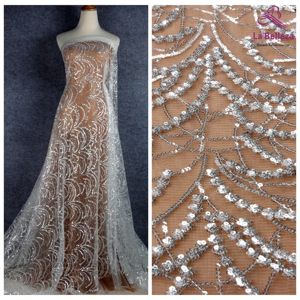 La Belleza новая блестящая кружевная ткань прозрачное серебряное блестящее свадебное платье кружевная ткань 1 ярд