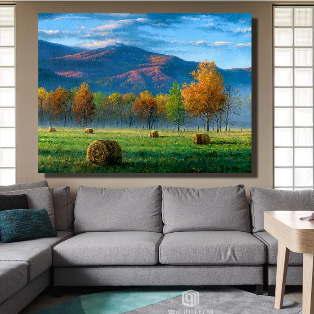 QKART Frameless Wall Art Cades Cove Oil Painting On Canvas Picture Wall