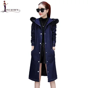 

Women Denim Cotton Coat 2019 Winter New Mid Long Slim Single-Breasted Parkas Autumn Hooded Fur Collar Female Denim Jacket DD0914