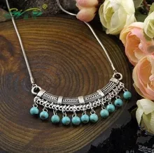 Fashion Classic Bohemia Style Tibetan Silver Necklace Turquoise Sweater Chain of Pinus Koraiensis Folk Style Free shipping