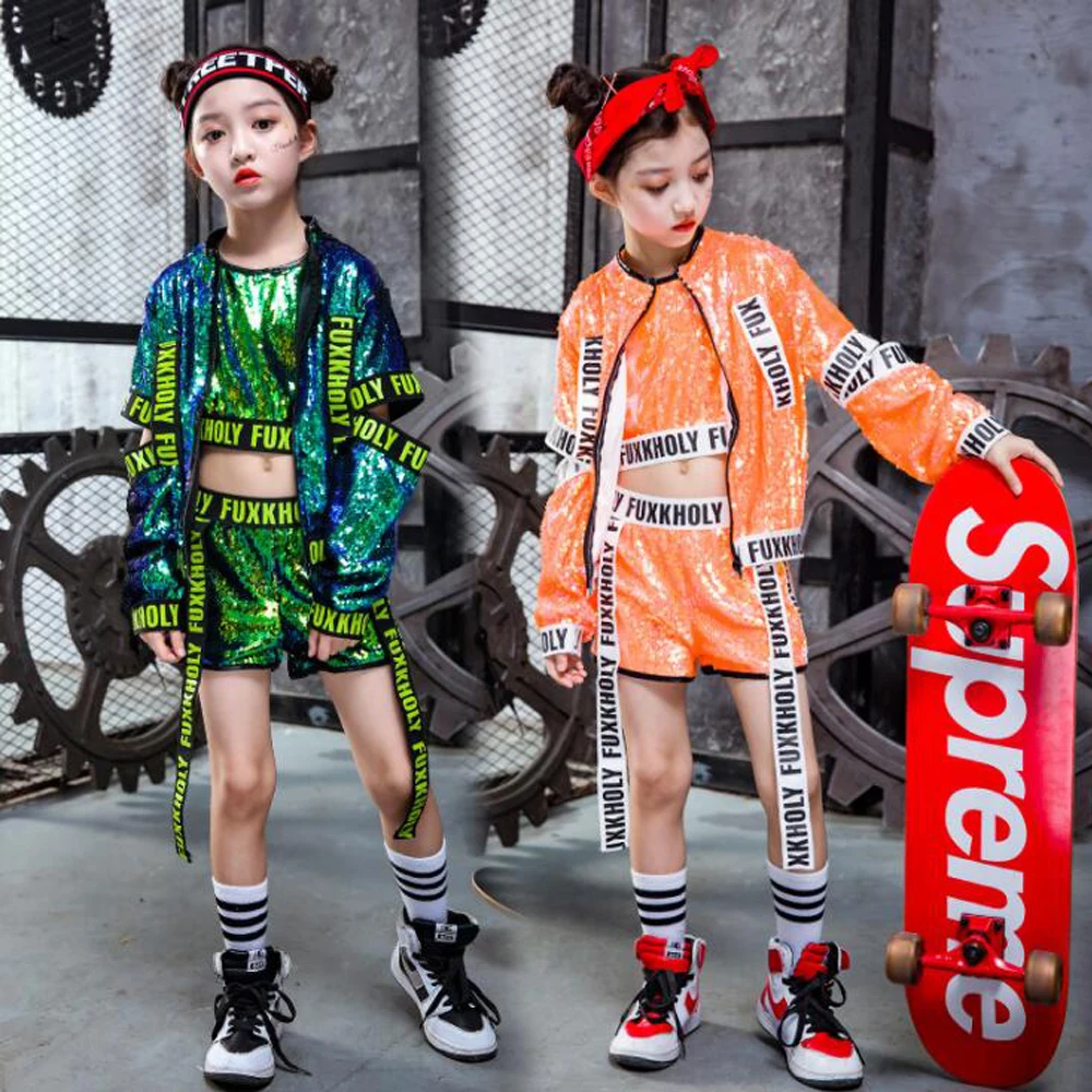 

3 pieces/ set Girls Sequin Ballroom Jazz Hip Hop Dance Competition Costume Tank Tops Shorts Loose Coats Kid Dancing Wear Outfits