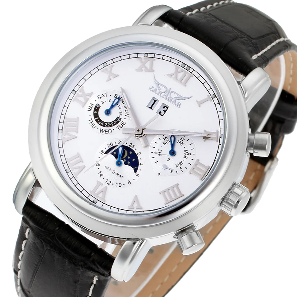 Relógios de Pulso Jaragar Marca Superior Masculino Couro Automático Mecânico Multifunções Vintage Moonphase Luminosa Mãos Relógio Retro