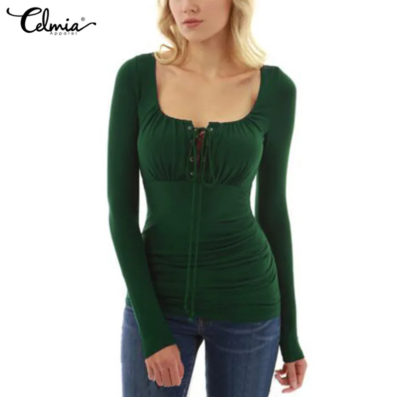 

Celmia Women Sexy Blouse 2019 Autumn Oversized Tops Long Sleeve Lace Up Square Neck Solid Blusas Shirt Casual Slim Fit Plus Size